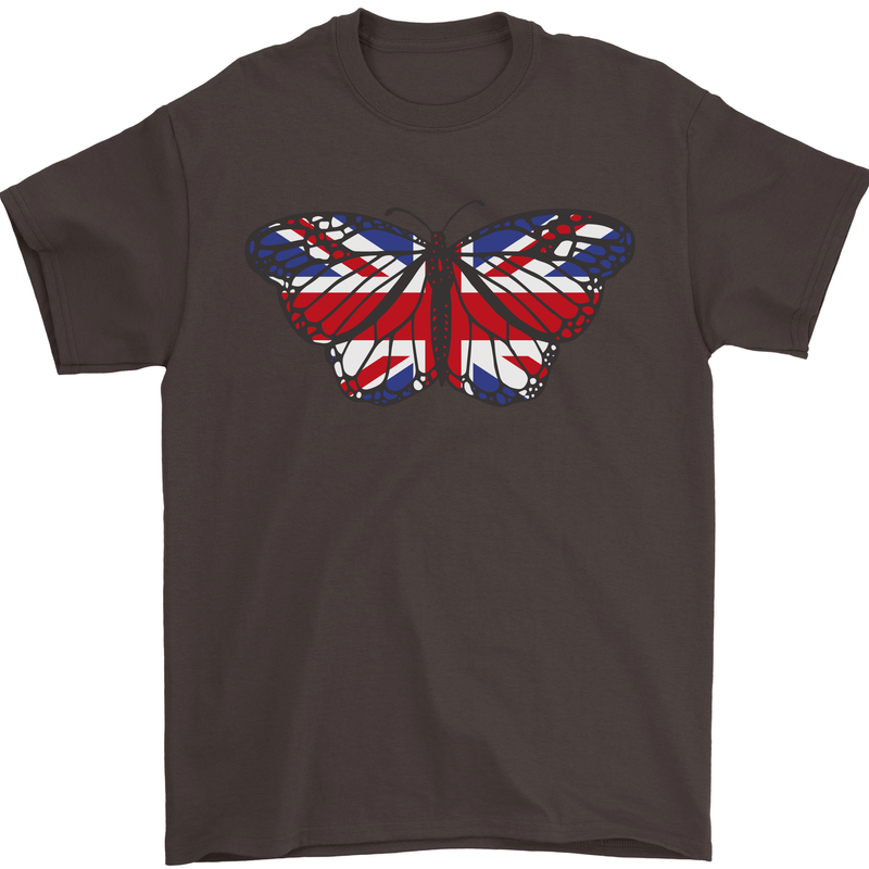 Union Jack Butterfly British Britain Flag Mens T-Shirt 100% Cotton Dark Chocolate