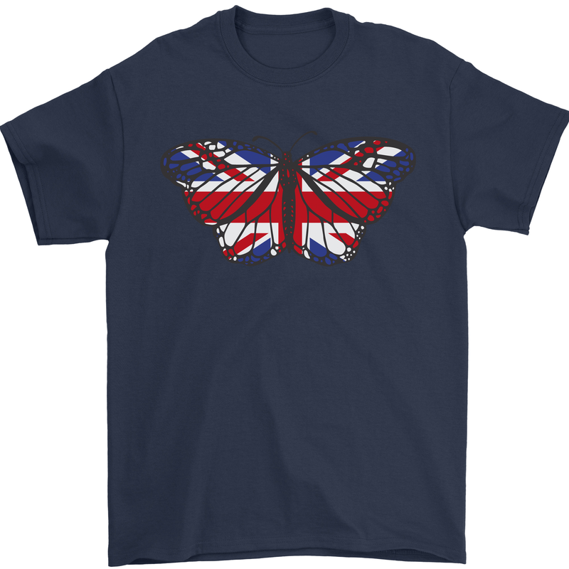 Union Jack Butterfly British Britain Flag Mens T-Shirt 100% Cotton Navy Blue