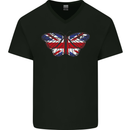 Union Jack Butterfly British Britain Flag Mens V-Neck Cotton T-Shirt Black