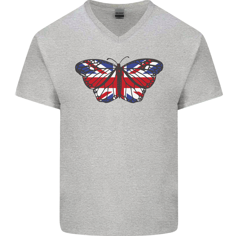 Union Jack Butterfly British Britain Flag Mens V-Neck Cotton T-Shirt Sports Grey