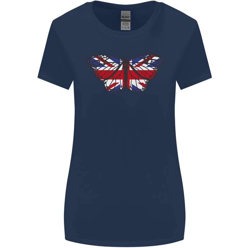 Union Jack Butterfly British Britain Flag Womens Wider Cut T-Shirt Navy Blue