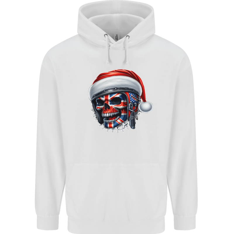 Union Jack Christmas Biker Skull British Flag Childrens Kids Hoodie White