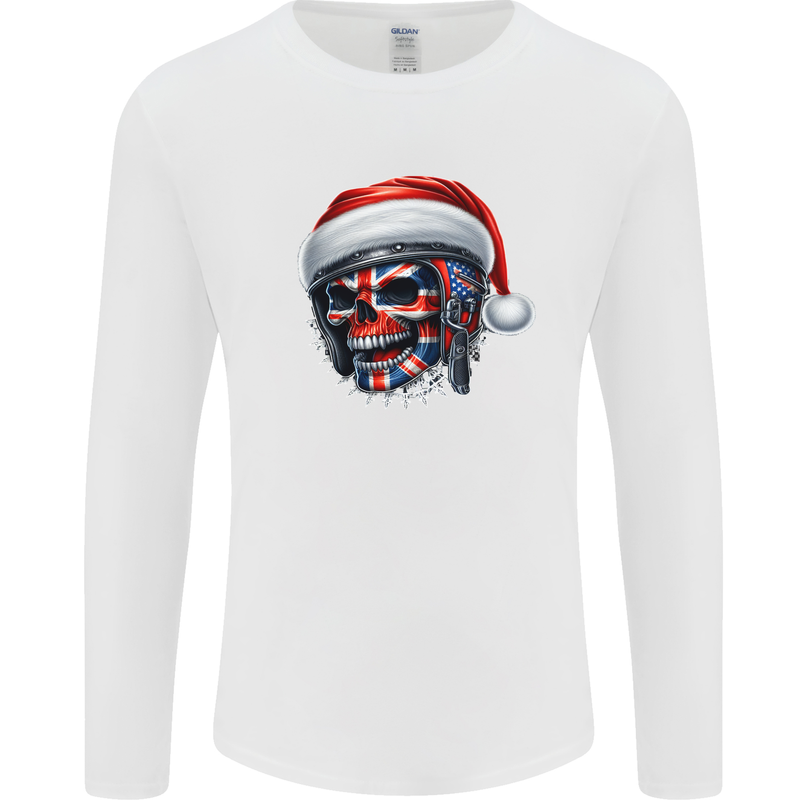 Union Jack Christmas Biker Skull British Flag Mens Long Sleeve T-Shirt White