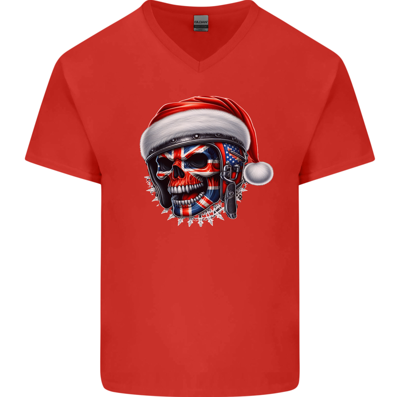 Union Jack Christmas Biker Skull British Flag Mens V-Neck Cotton T-Shirt Red