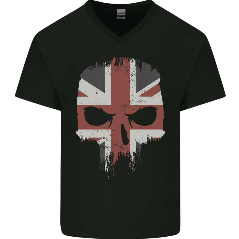 Union Jack Skull British Gym Biker Flag Mens V-Neck Cotton T-Shirt Black