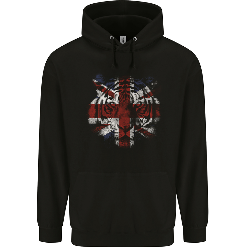 Union Jack Tiger Great Britain Flag UK Mens 80% Cotton Hoodie Black