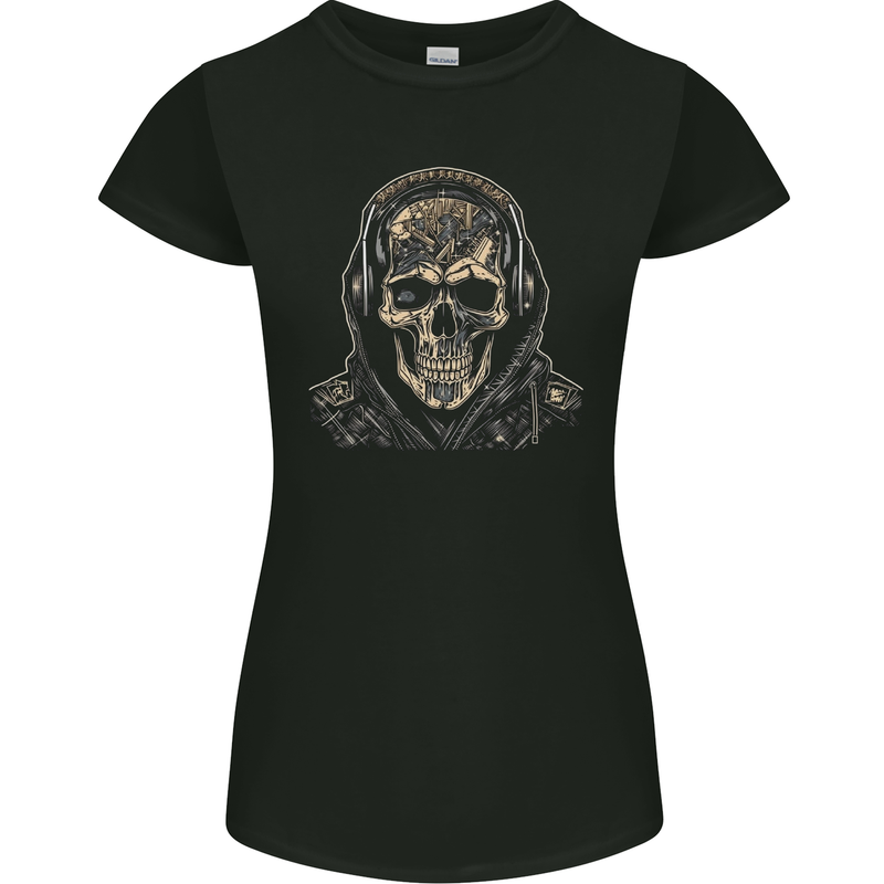 Urban Skull With Headphones Womens Petite Cut T-Shirt Black