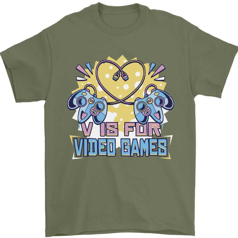 V Video Games Anti Valentines Day Gaming Gamer Mens T-Shirt 100% Cotton Military Green