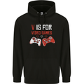 V is For Video Games Funny Gaming Gamer Childrens Kids Hoodie Black