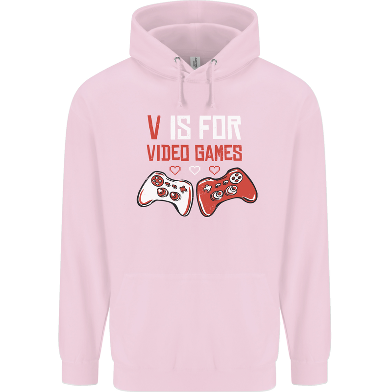 V is For Video Games Funny Gaming Gamer Childrens Kids Hoodie Light Pink