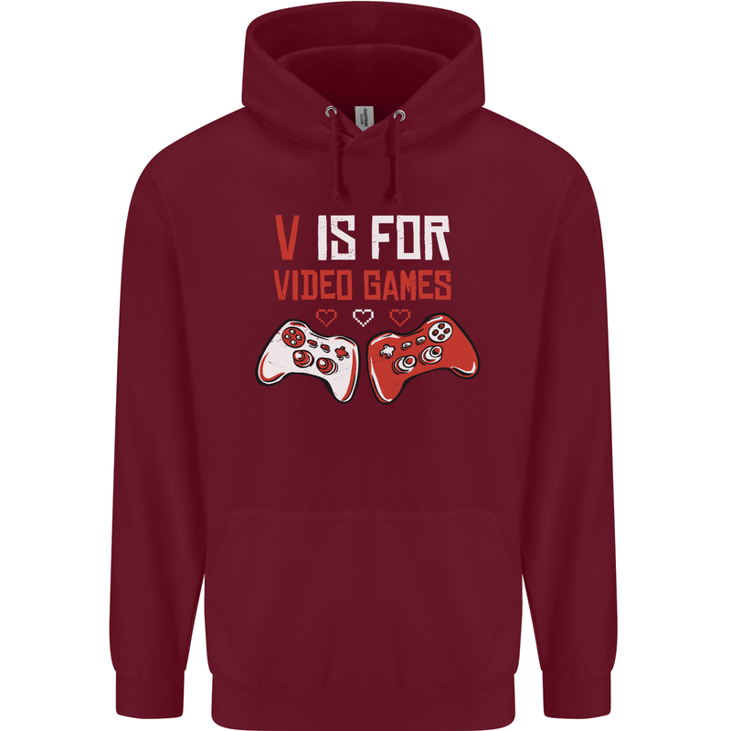 V is For Video Games Funny Gaming Gamer Childrens Kids Hoodie Maroon
