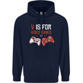 V is For Video Games Funny Gaming Gamer Childrens Kids Hoodie Navy Blue