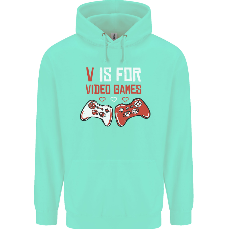 V is For Video Games Funny Gaming Gamer Childrens Kids Hoodie Peppermint