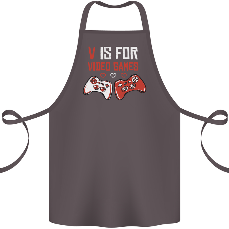 V is For Video Games Funny Gaming Gamer Cotton Apron 100% Organic Dark Grey
