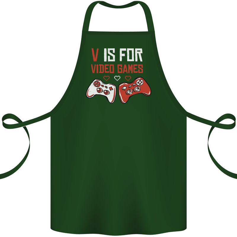 V is For Video Games Funny Gaming Gamer Cotton Apron 100% Organic Forest Green
