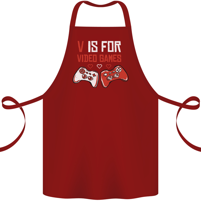 V is For Video Games Funny Gaming Gamer Cotton Apron 100% Organic Maroon