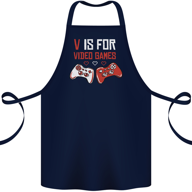 V is For Video Games Funny Gaming Gamer Cotton Apron 100% Organic Navy Blue