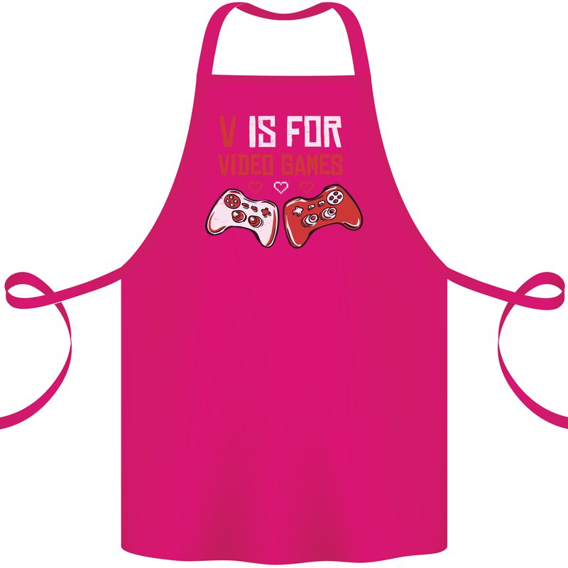 V is For Video Games Funny Gaming Gamer Cotton Apron 100% Organic Pink