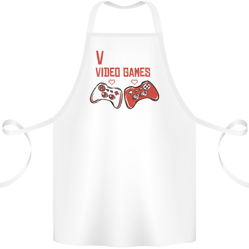V is For Video Games Funny Gaming Gamer Cotton Apron 100% Organic White