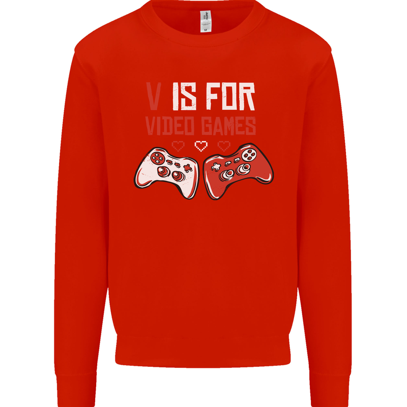 V is For Video Games Funny Gaming Gamer Kids Sweatshirt Jumper Bright Red