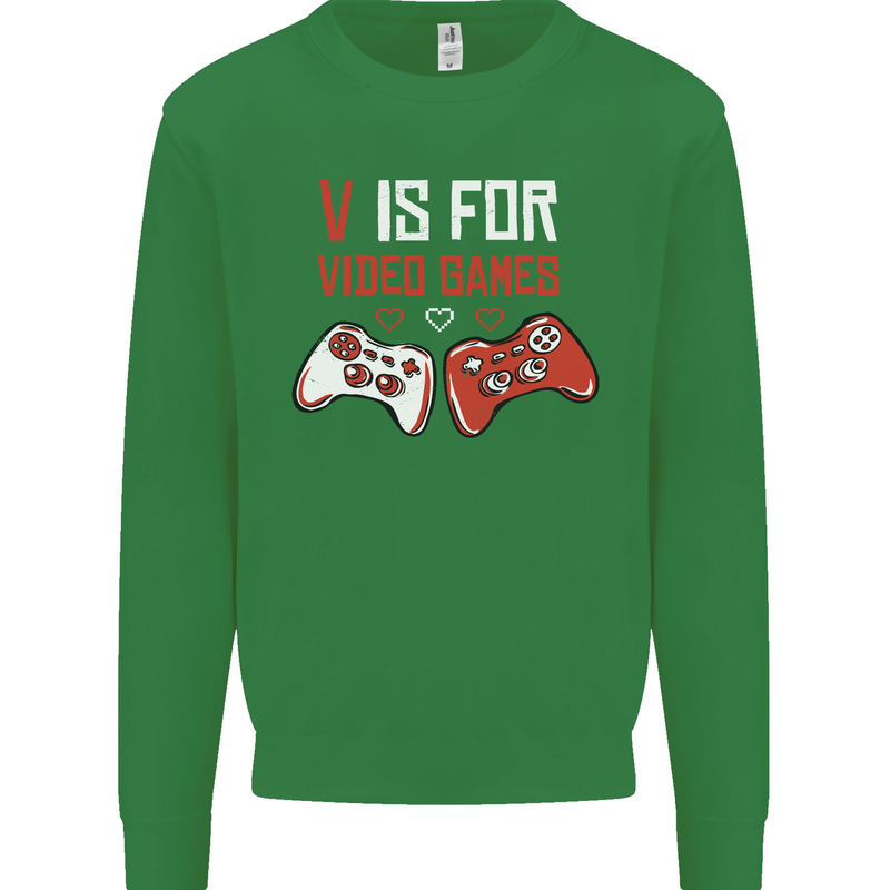 V is For Video Games Funny Gaming Gamer Kids Sweatshirt Jumper Irish Green