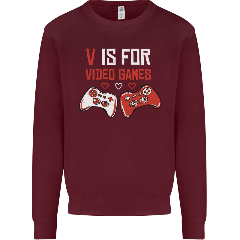 V is For Video Games Funny Gaming Gamer Kids Sweatshirt Jumper Maroon