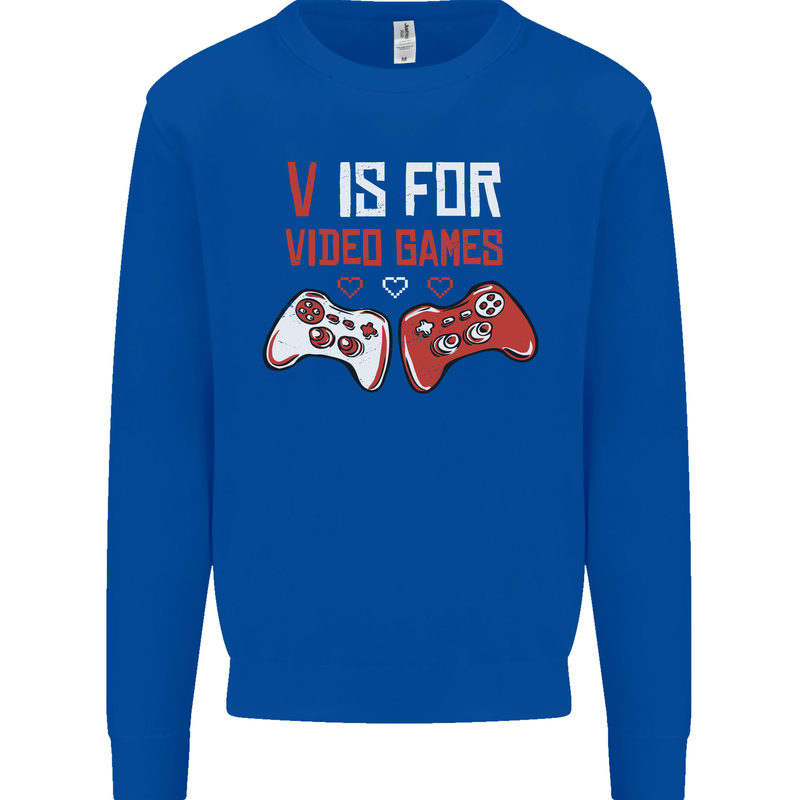 V is For Video Games Funny Gaming Gamer Kids Sweatshirt Jumper Royal Blue