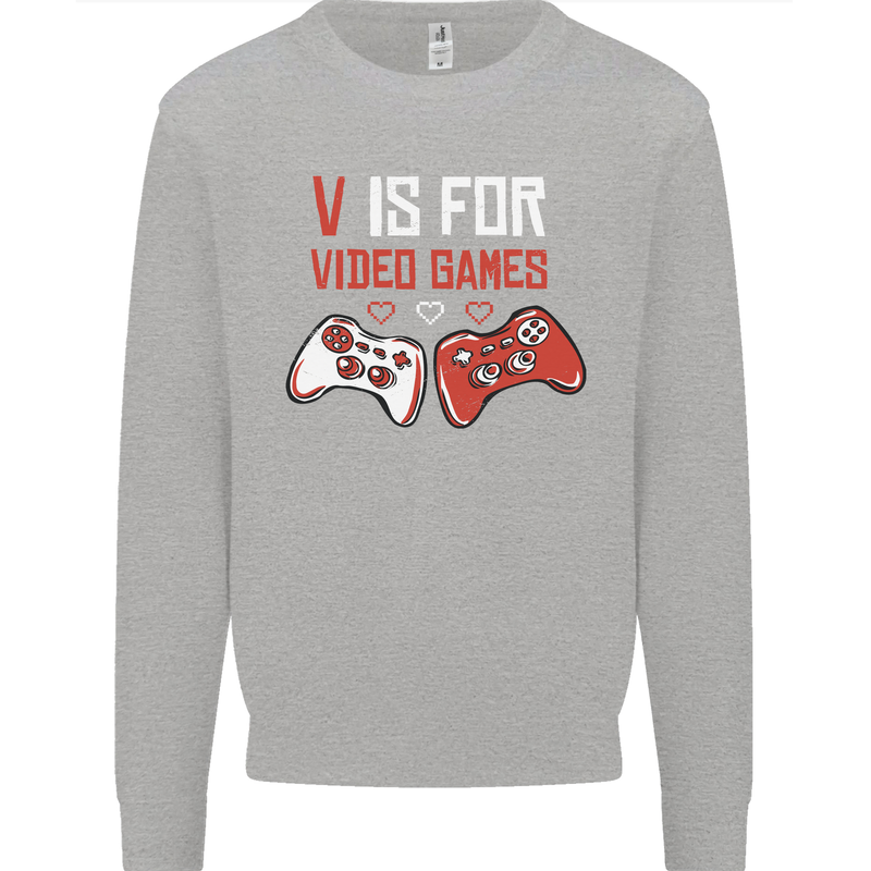V is For Video Games Funny Gaming Gamer Kids Sweatshirt Jumper Sports Grey