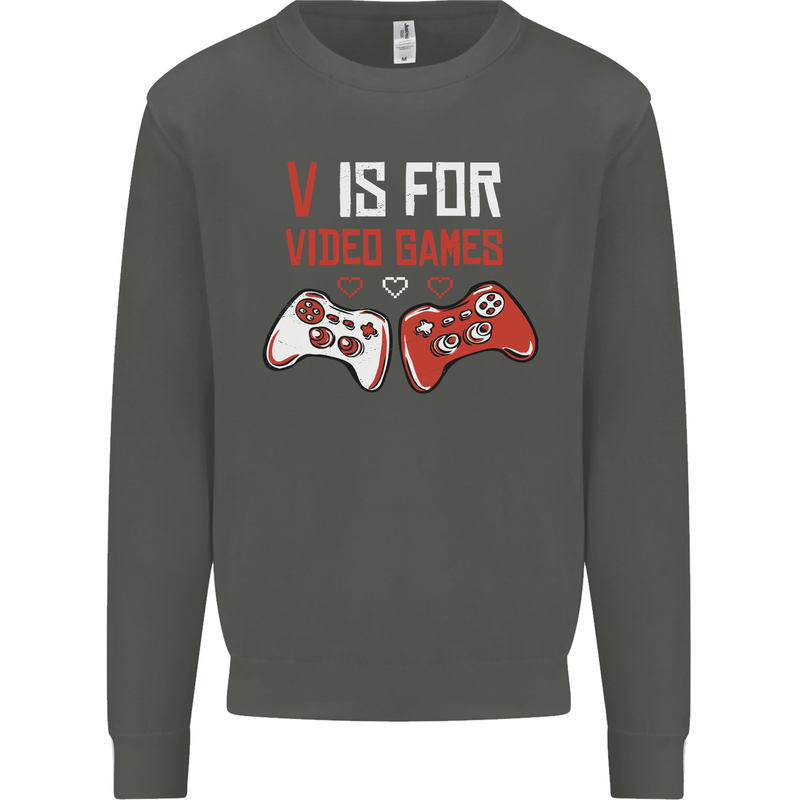 V is For Video Games Funny Gaming Gamer Kids Sweatshirt Jumper Storm Grey