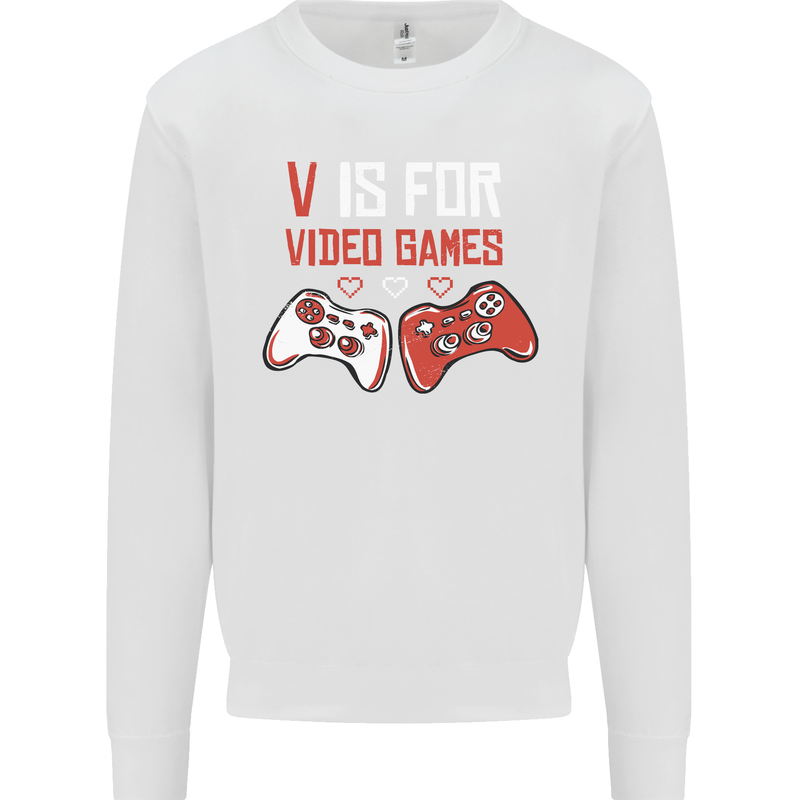 V is For Video Games Funny Gaming Gamer Kids Sweatshirt Jumper White