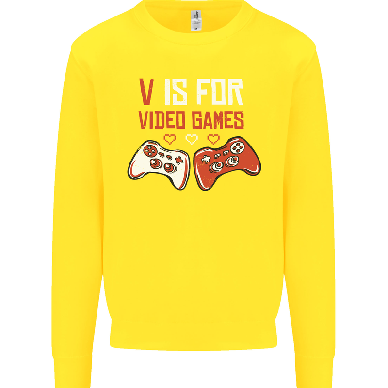 V is For Video Games Funny Gaming Gamer Kids Sweatshirt Jumper Yellow