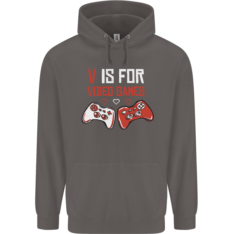 V is For Video Games Funny Gaming Gamer Mens 80% Cotton Hoodie Charcoal