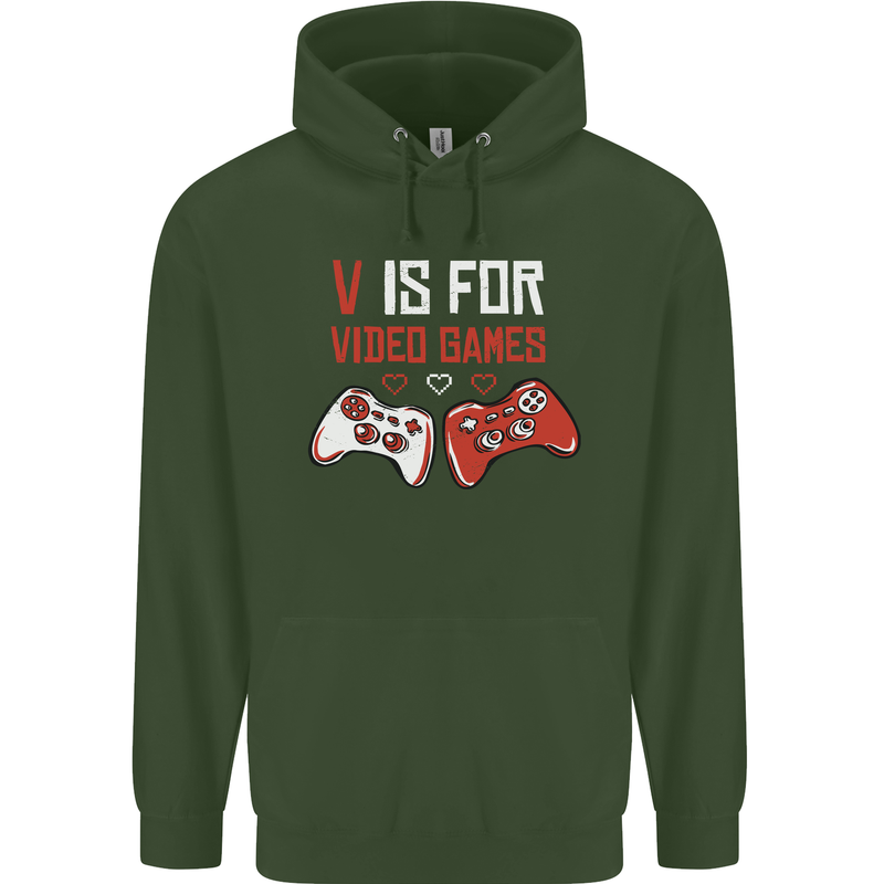 V is For Video Games Funny Gaming Gamer Mens 80% Cotton Hoodie Forest Green