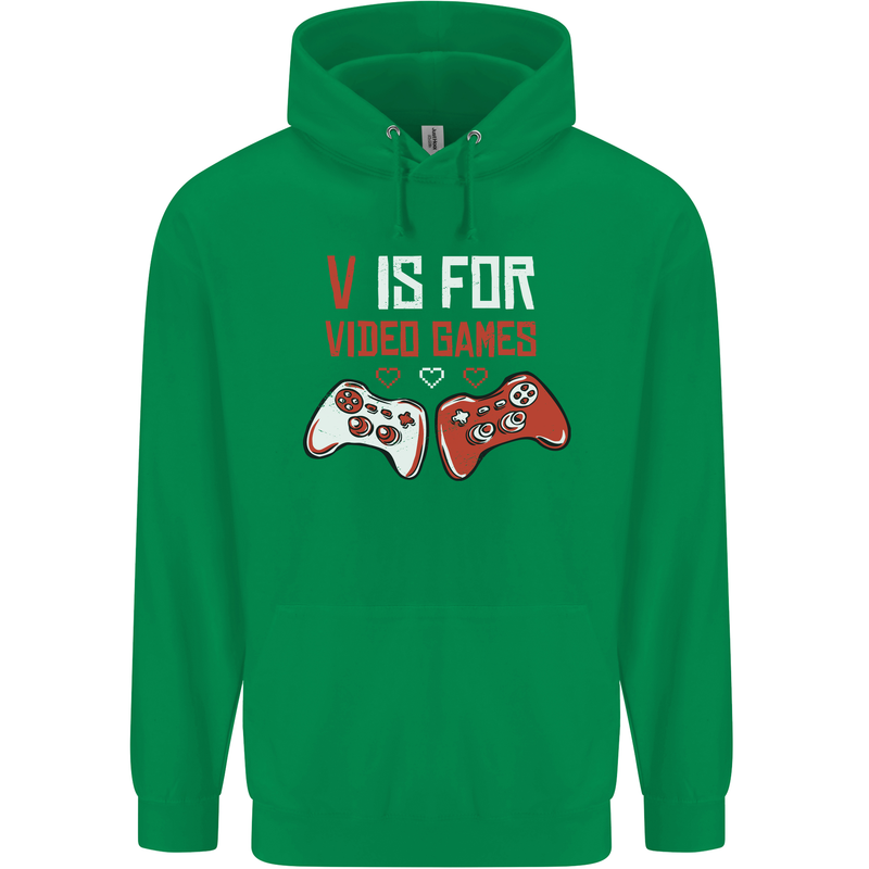 V is For Video Games Funny Gaming Gamer Mens 80% Cotton Hoodie Irish Green