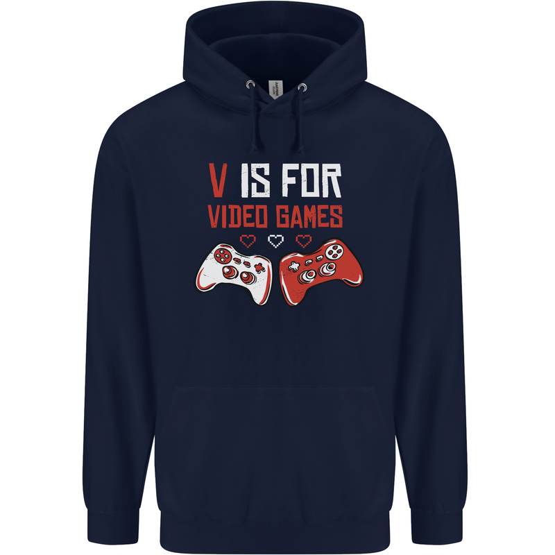 V is For Video Games Funny Gaming Gamer Mens 80% Cotton Hoodie Navy Blue