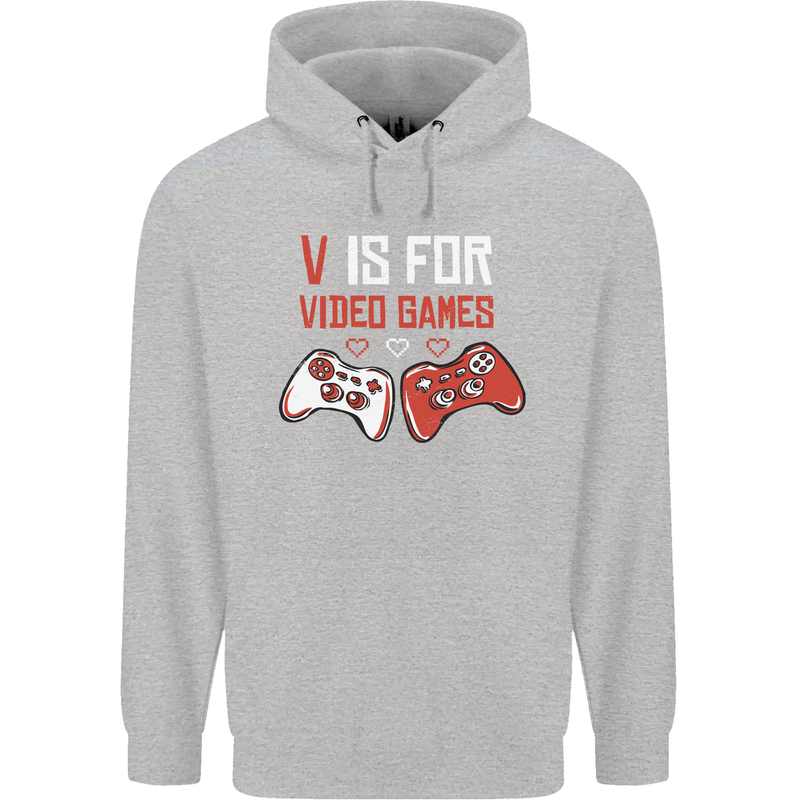 V is For Video Games Funny Gaming Gamer Mens 80% Cotton Hoodie Sports Grey