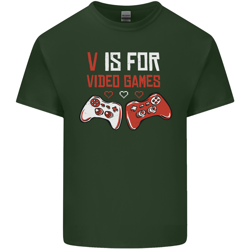 V is For Video Games Funny Gaming Gamer Mens Cotton T-Shirt Tee Top Forest Green