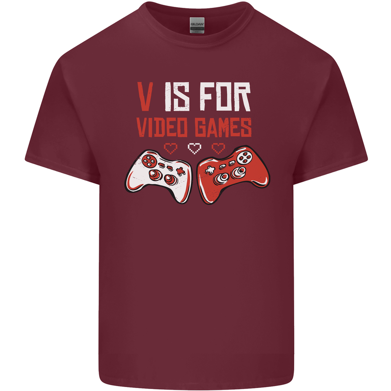 V is For Video Games Funny Gaming Gamer Mens Cotton T-Shirt Tee Top Maroon