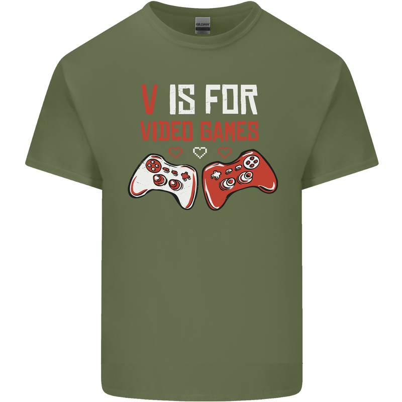 V is For Video Games Funny Gaming Gamer Mens Cotton T-Shirt Tee Top Military Green