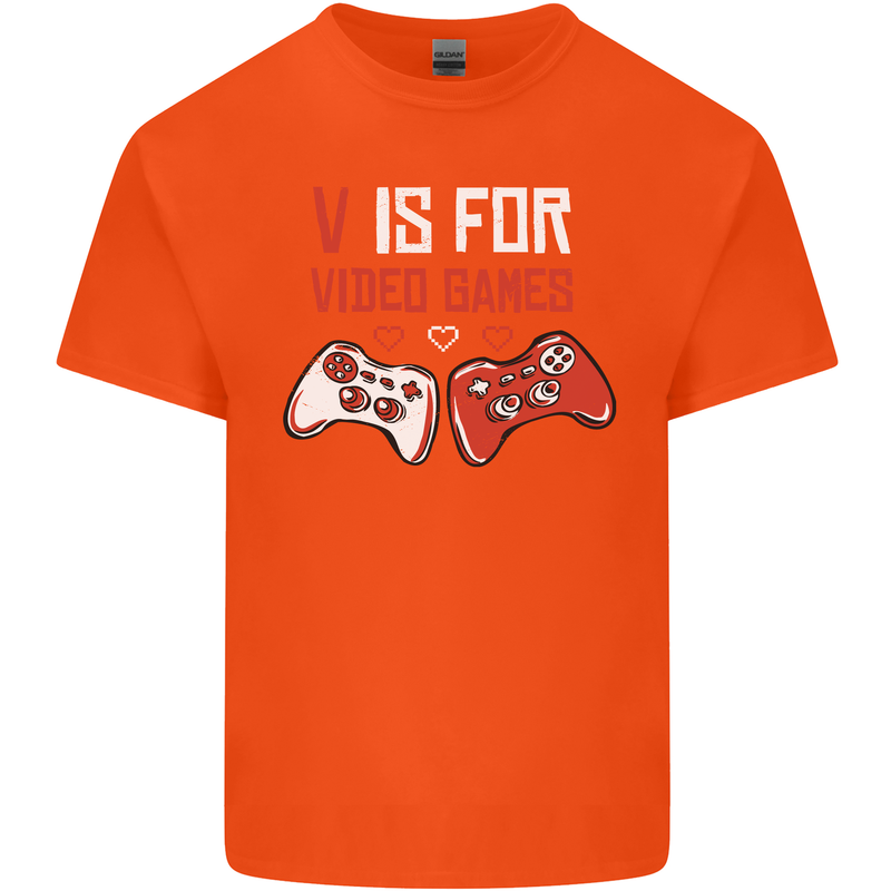 V is For Video Games Funny Gaming Gamer Mens Cotton T-Shirt Tee Top Orange