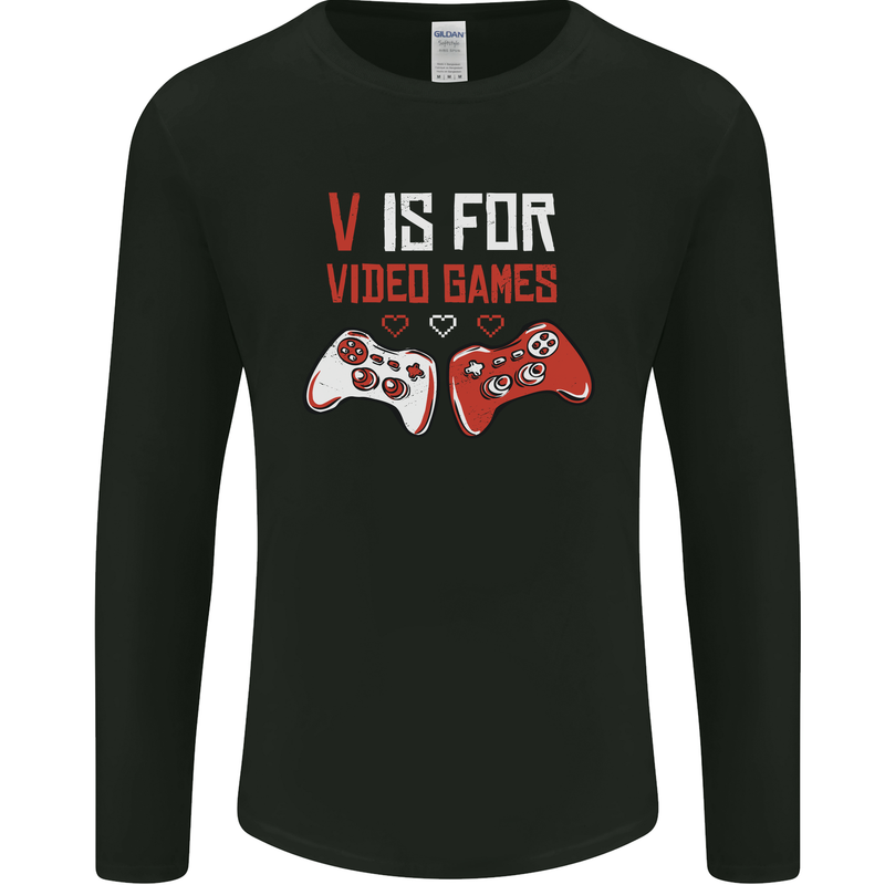 V is For Video Games Funny Gaming Gamer Mens Long Sleeve T-Shirt Black