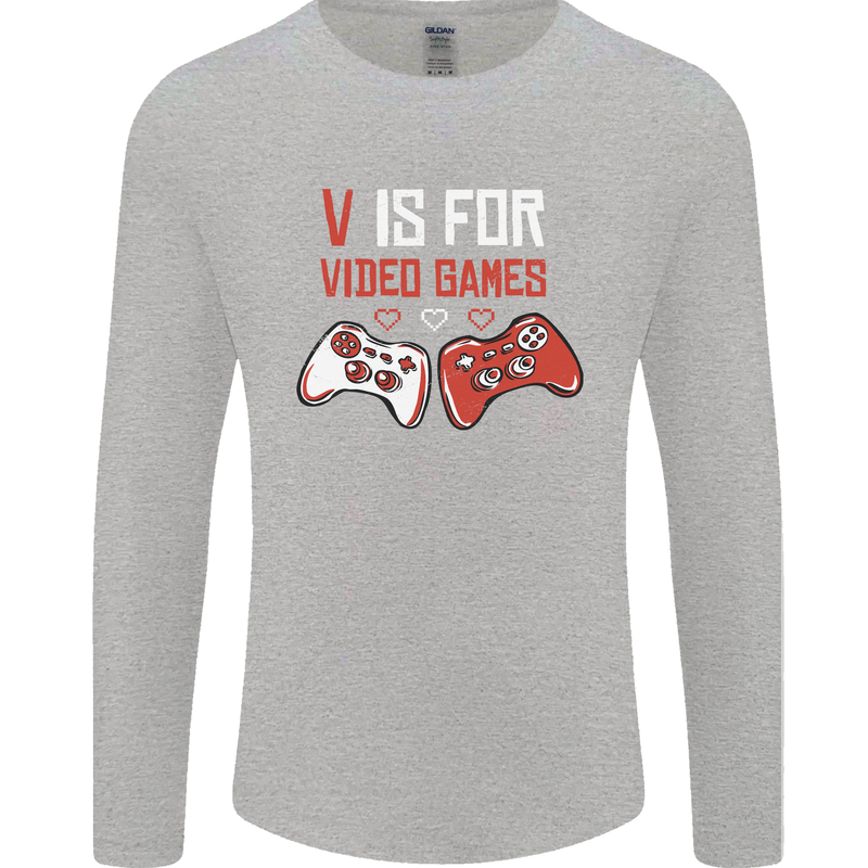 V is For Video Games Funny Gaming Gamer Mens Long Sleeve T-Shirt Sports Grey