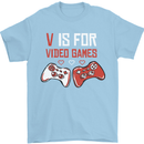V is For Video Games Funny Gaming Gamer Mens T-Shirt 100% Cotton Light Blue