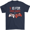 V is For Video Games Funny Gaming Gamer Mens T-Shirt 100% Cotton Navy Blue