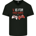 V is For Video Games Funny Gaming Gamer Mens V-Neck Cotton T-Shirt Black