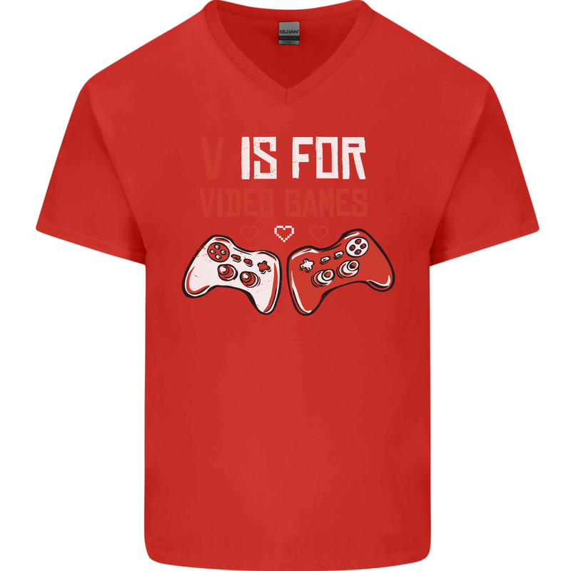 V is For Video Games Funny Gaming Gamer Mens V-Neck Cotton T-Shirt Red
