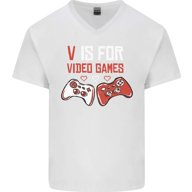 V is For Video Games Funny Gaming Gamer Mens V-Neck Cotton T-Shirt White