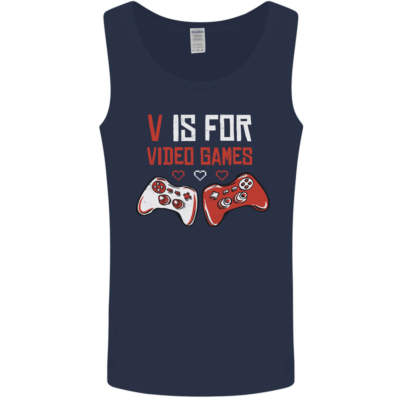 V is For Video Games Funny Gaming Gamer Mens Vest Tank Top Navy Blue