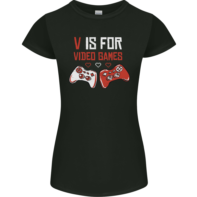 V is For Video Games Funny Gaming Gamer Womens Petite Cut T-Shirt Black
