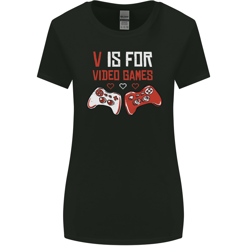 V is For Video Games Funny Gaming Gamer Womens Wider Cut T-Shirt Black